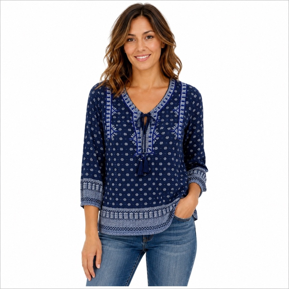 Lucky Brand Navy Blue Embroidered Boho Tassel Peasant Top Large 3/4 Sleeve